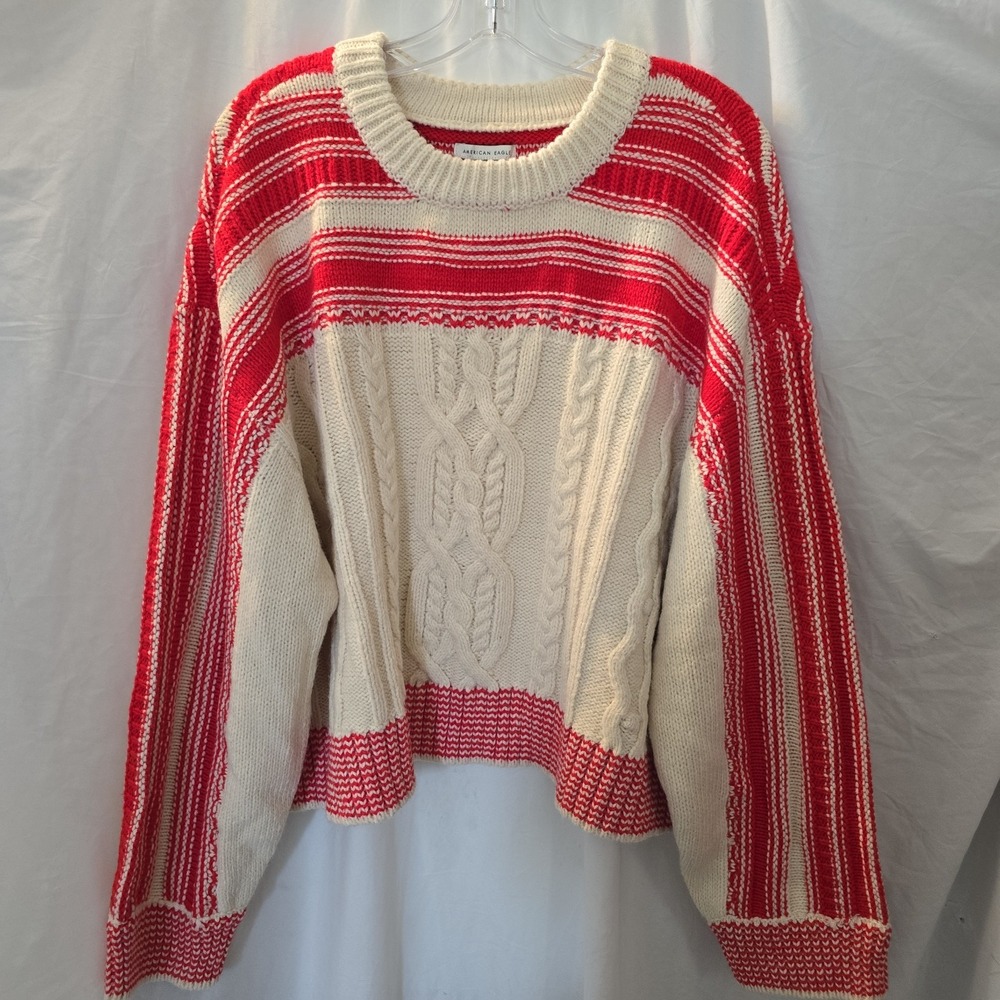 American Eagle Cable Knit Sweater Cream With Red Stripes Fisherman Crop XL NWT - Picture 2 of 13